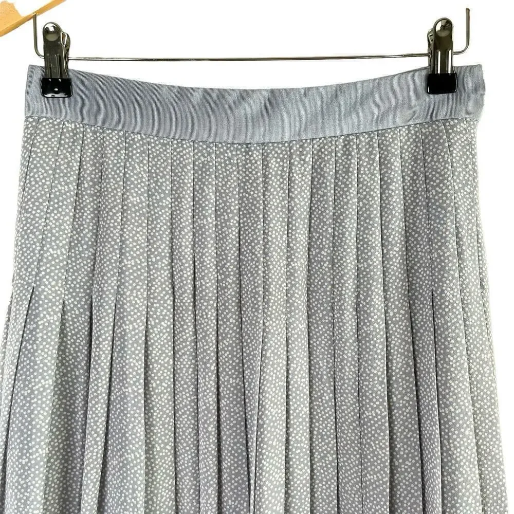 Club Monaco Silk Pleated Polka Dot Midi Skirt in‎ Gray and White, Size 2